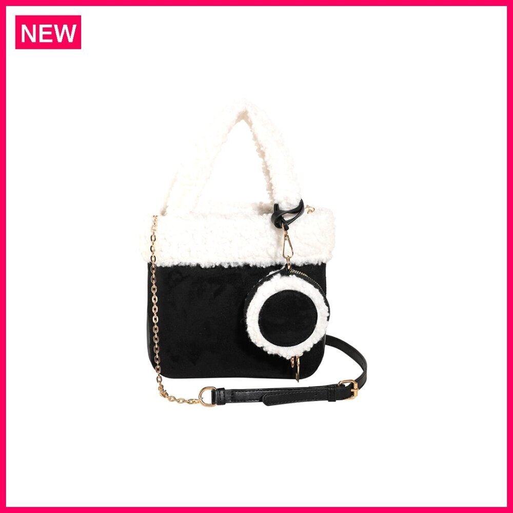 Small Suede Lamb Wool Tote Handbag with Coin Pouch 2pc Set